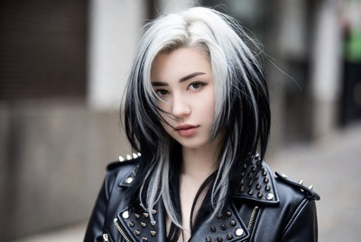 Woman with black and white hair in city