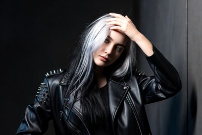 Fashion model poses with striking hair