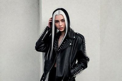 Fashion model poses with spiked jacket