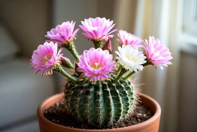 Cactus with blooming flowers in a pot