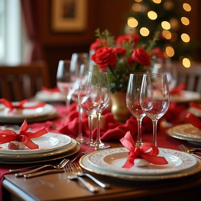 Setting a holiday dinner table with decor