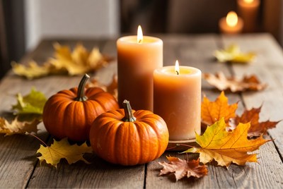 Autumn scene with pumpkins and candles