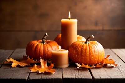 Fall pumpkins and candles on wood