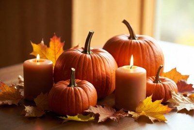 Fall pumpkins and candles on table