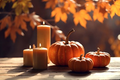 Pumpkins and candles on a wooden table