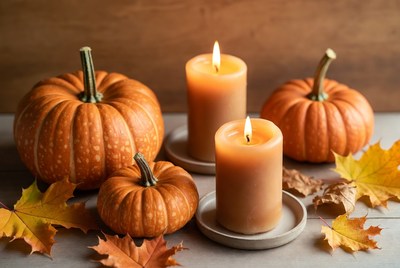 Pumpkins and candles on a table