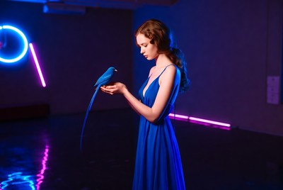 Woman holds blue bird indoors