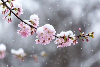 Cherry blossoms covered in snow