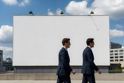 Businessmen walking past large billboard