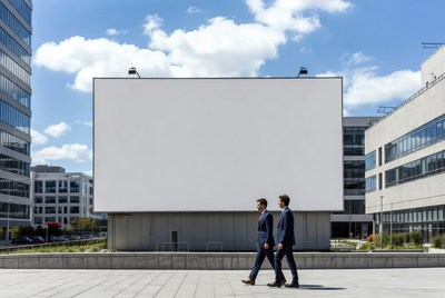 Two men walk near blank billboard