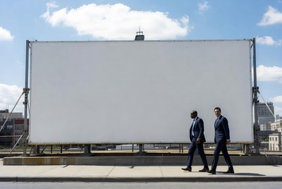 Businessmen walk by empty billboard