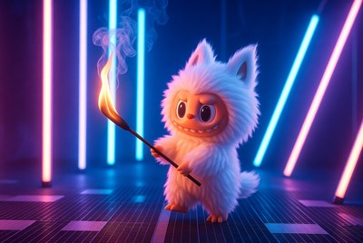 Cute creature holds torch in neon lights