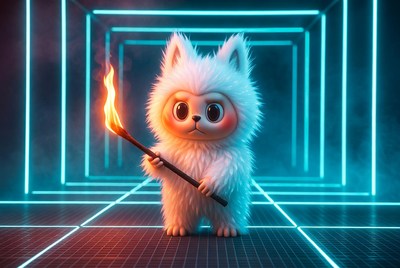 Cute character holds a torch in a neon space