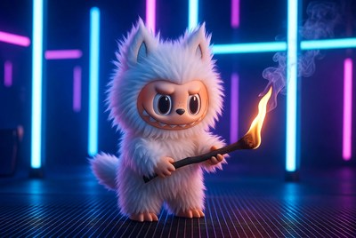 Cute creature holding a torch in neon lights