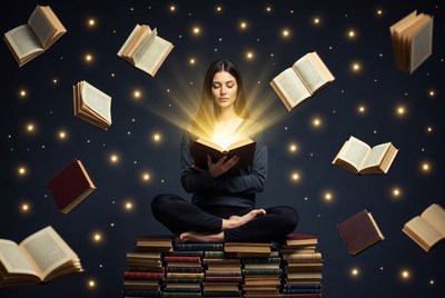 Books floating around a girl reading