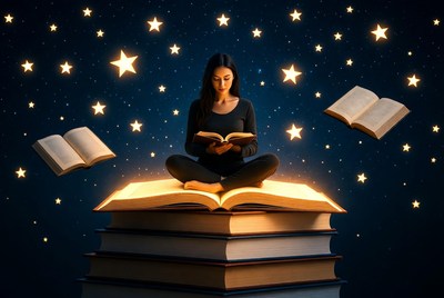 Reading among floating books and stars