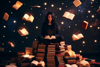 Reading among floating books at night