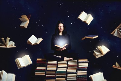 Reading books in a starry space