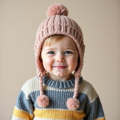 Child in knitted hat smiles