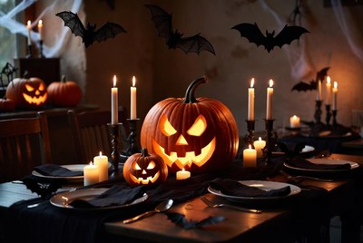 Halloween pumpkin display with candles
