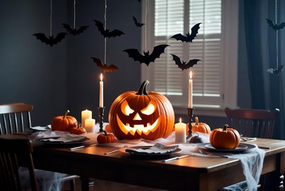 Decorated dining room for halloween party