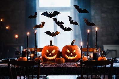 Halloween table with pumpkins and bats