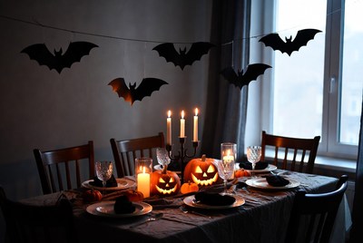 Halloween dinner with pumpkins and bats