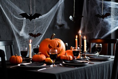 Halloween table with pumpkins and bats