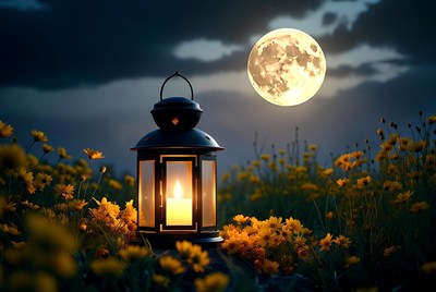Lantern and moon in flower field at night