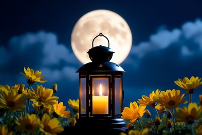 Lantern glowing among yellow flowers at night