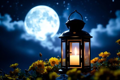 Lantern with candle and moonlight