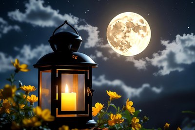 Lantern shines under full moon