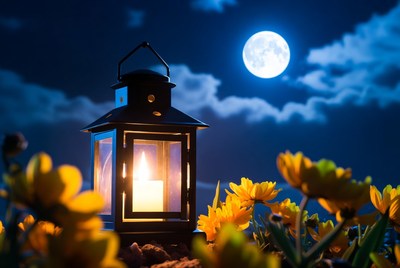 Lantern with candle beside flowers at night