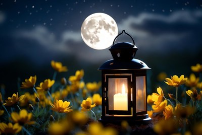 Lantern and flowers under moonlight