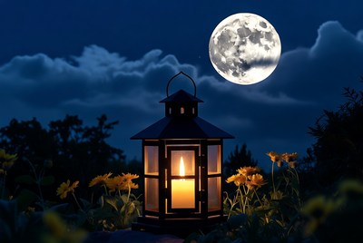 Lantern shines under full moon