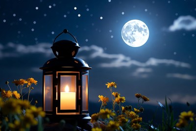 Lantern shines under moonlight at night