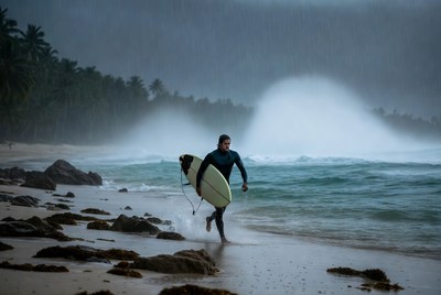 Surfer running on wet beach