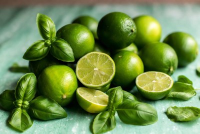 Limes and basil on a green surface