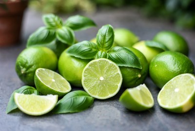 Fresh limes with basil leaves on stone
