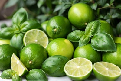 Limes and basil on a table