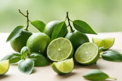 Fresh green limes with leaves on table