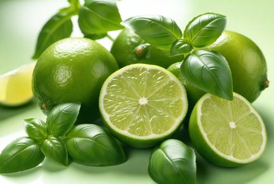 Limes and basil on green surface
