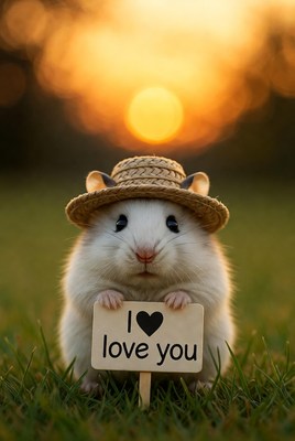 Cute hamster holds sign at sunset