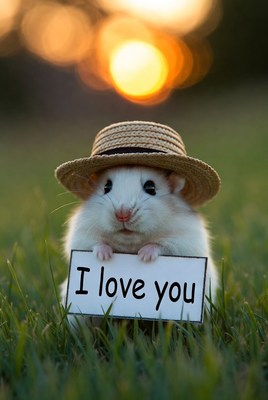 Cute pet holds a sign at sunset