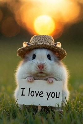 Cute animal holds sign at sunset