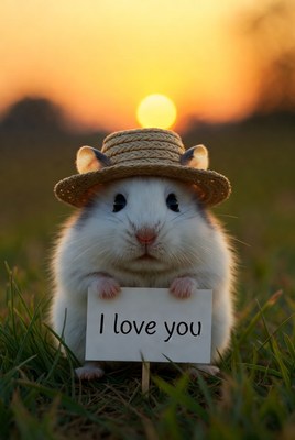 Hamster holds sign at sunset