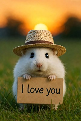 Cute animal holding sign at sunset