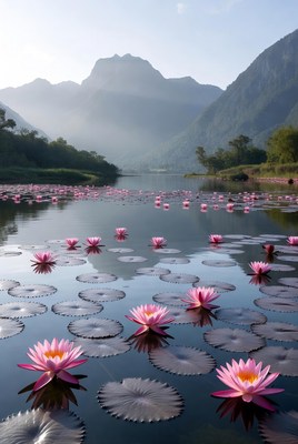 Pink lilies bloom on still water