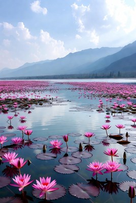 Colorful lilies blooming on the lake