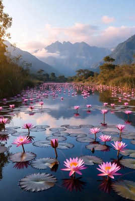 Water lilies in mountain lake at dusk